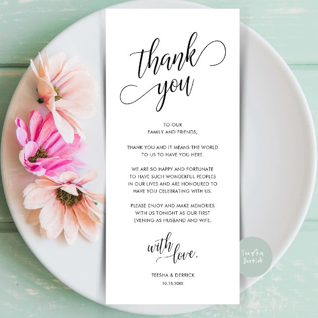 Tarjeta de agradecimiento para la configuración de (Modern Classy Wedding Dinner Place Setting Thank You Card in Black and White)