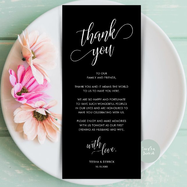 Tarjeta de agradecimiento para la configuración de (Modern Classy Wedding Dinner Place Setting Thank You Card in Black and White)