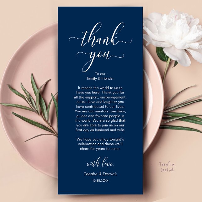Tarjeta de agradecimiento para la configuración de (Modern Wedding Dinner Place Setting Thank You Card in Navy Blue)