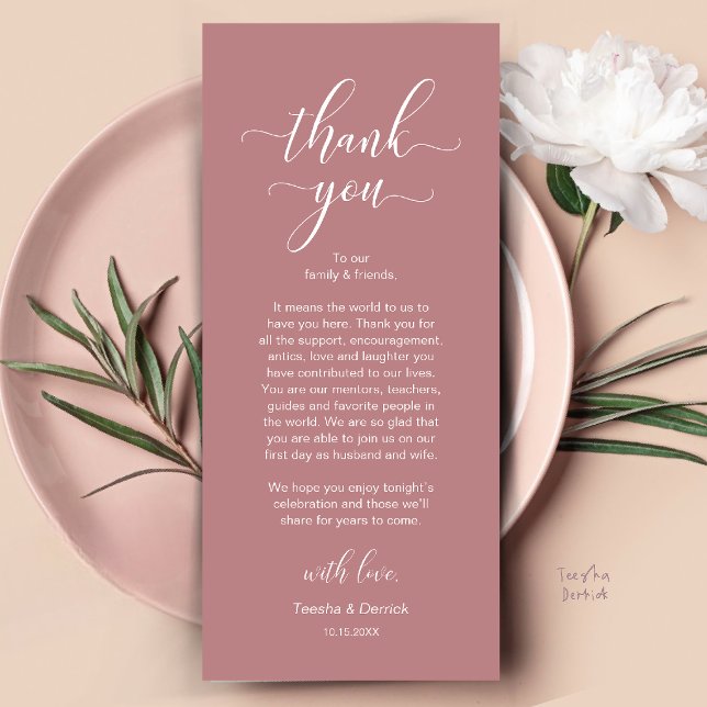 Tarjeta de agradecimiento para la configuración de (Modern Wedding Dinner Place Setting Thank You Card in Dusty Rose Pink)