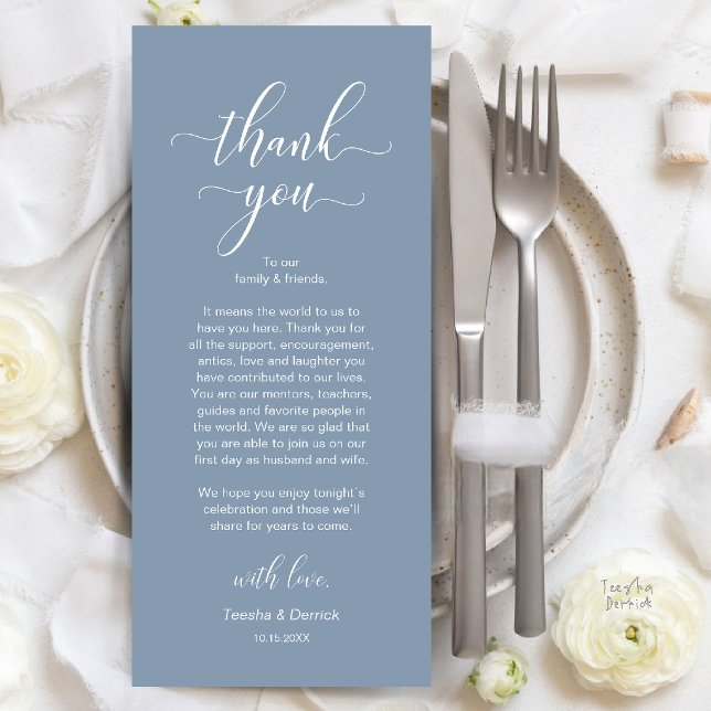 Tarjeta de agradecimiento para la configuración de (Modern Wedding Dinner Place Setting Thank You Card in Dusty Blue)