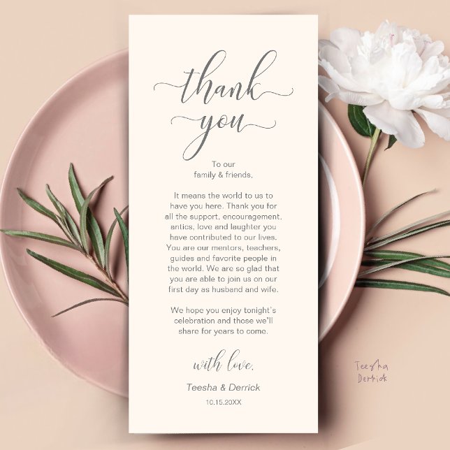 Tarjeta de agradecimiento para la configuración de (Modern Wedding Dinner Place Setting Thank You Card in Ivory and Grey)