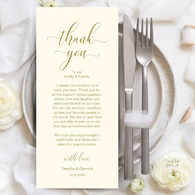 Tarjeta de agradecimiento para la configuración de (Modern Wedding Dinner Place Setting Thank You Card in Gold and Cream)