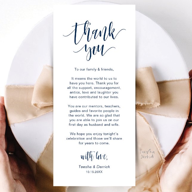 Tarjeta de agradecimiento para la configuración de (Modern Wedding Dinner Place Setting Thank You Card in Navy Blue)