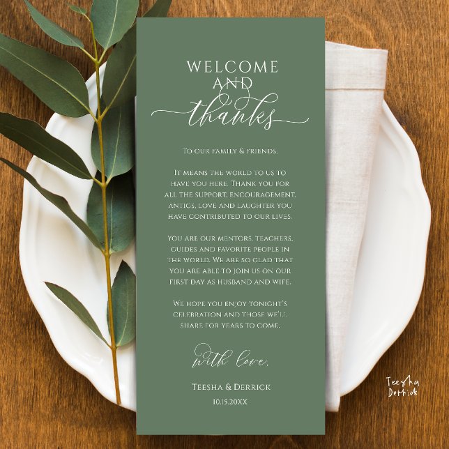 Tarjeta de agradecimiento para la configuración de (Modern Wedding Dinner Place Setting Thank You Card in sage green)