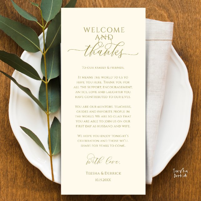 Tarjeta de agradecimiento para la configuración de (Modern Wedding Dinner Place Setting Thank You Card in gold yellow cream)