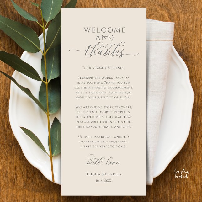 Tarjeta de agradecimiento para la configuración de (Modern Wedding Dinner Place Setting Thank You Card in cream and grey)