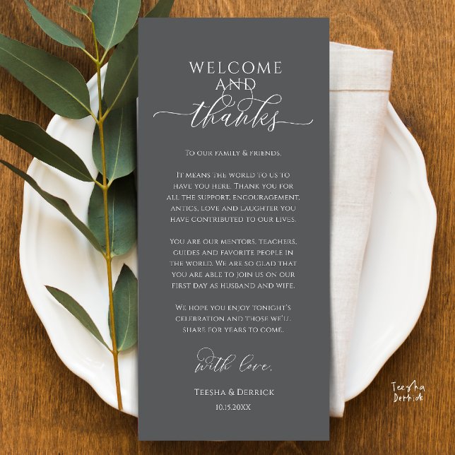 Tarjeta de agradecimiento para la configuración de (Modern Wedding Dinner Place Setting Thank You Card in dark grey)
