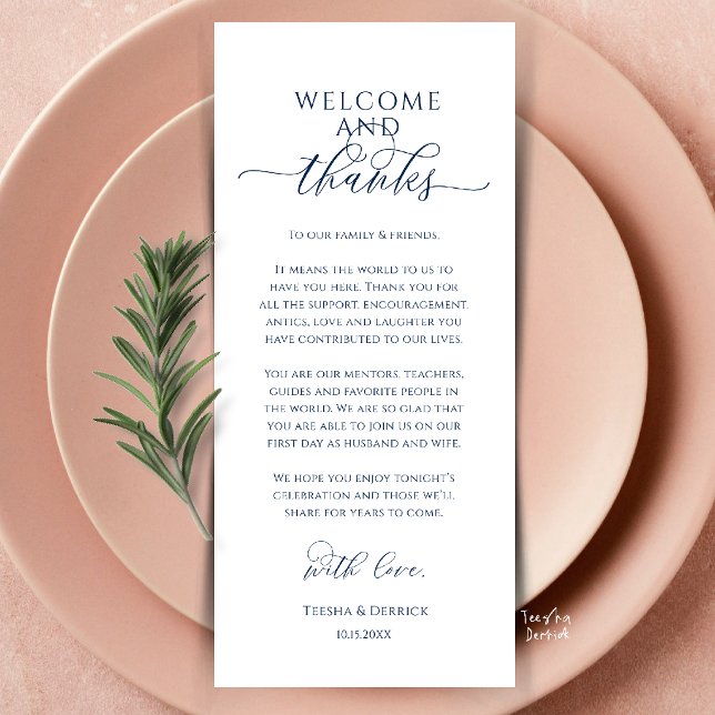 Tarjeta de agradecimiento para la configuración de (Modern Wedding Dinner Place Setting Thank You Card in navy blue)