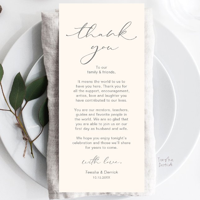 Tarjeta de agradecimiento para la configuración de (Modern Wedding Dinner Place Setting Thank You Card in Grey and Ivory)