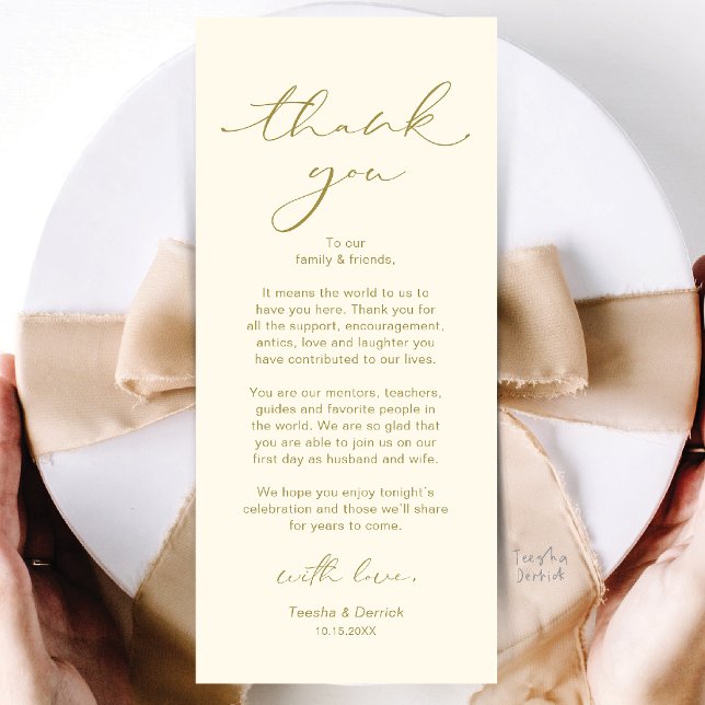 Tarjeta de agradecimiento para la configuración de (Modern Wedding Dinner Place Setting Thank You Card in Cream Gold)