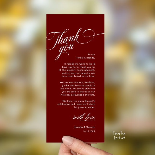 Tarjeta de agradecimiento para la configuración de (Classy Modern Wedding Place Setting Thank You Card in Burgundy Wine Red)