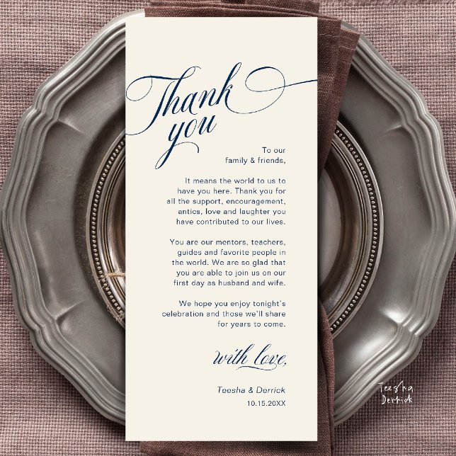 Tarjeta de agradecimiento para la configuración de (Classy Modern Wedding Place Setting Thank You Card in Navy Blue and Ivory)