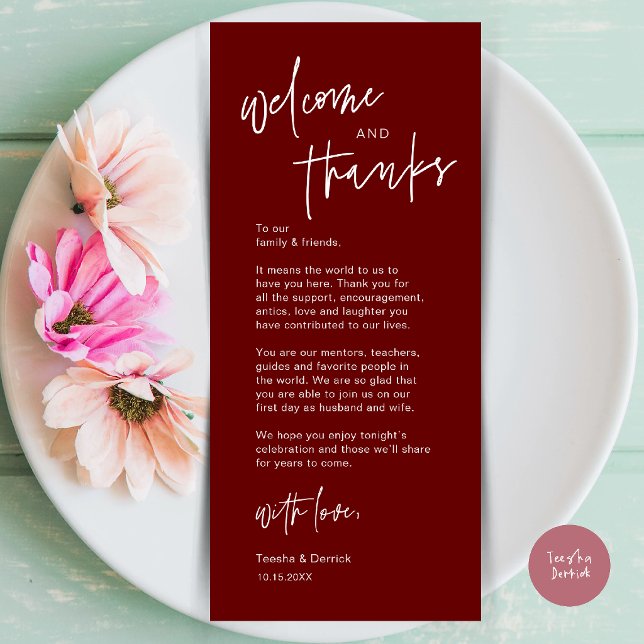 Tarjeta de agradecimiento para la configuración de (Modern Casual Wedding Dinner Place Setting Thank You Card in burgundy wine red)