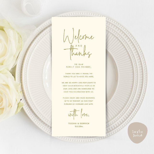 Tarjeta de Agradecimiento para la Cubierta de la M (Welcome and Thanks Modern Wedding Dinner Place Setting Thank You Card in Yellow Gold Cream)