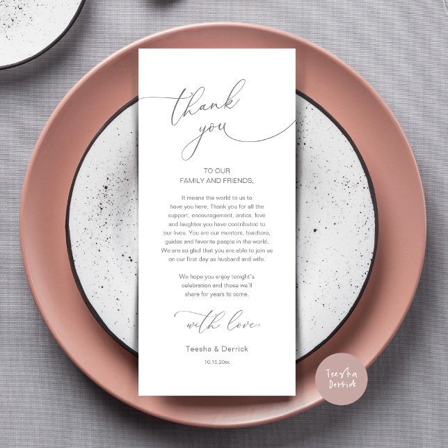 Tarjeta de agradecimiento para la decoración de la (Modern Romance Wedding Dinner, Lunch and Brunch Place Setting Thank You Card, in Dark Grey)
