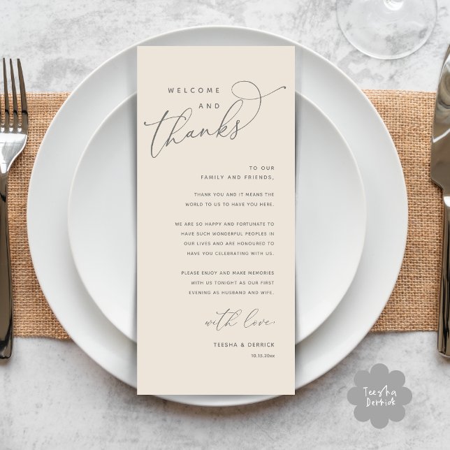 Tarjeta de agradecimiento para la decoración de la (Welcome and Thanks, Modern Wedding Dinner Brunch Lunch Place Setting Thank You Card in Cream Grey)