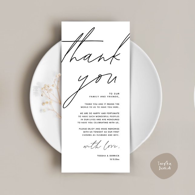 Tarjeta de agradecimiento para la decoración minim (Wedding Place Setting Thank You Card, Modern Minimalist Clean, White and Black)