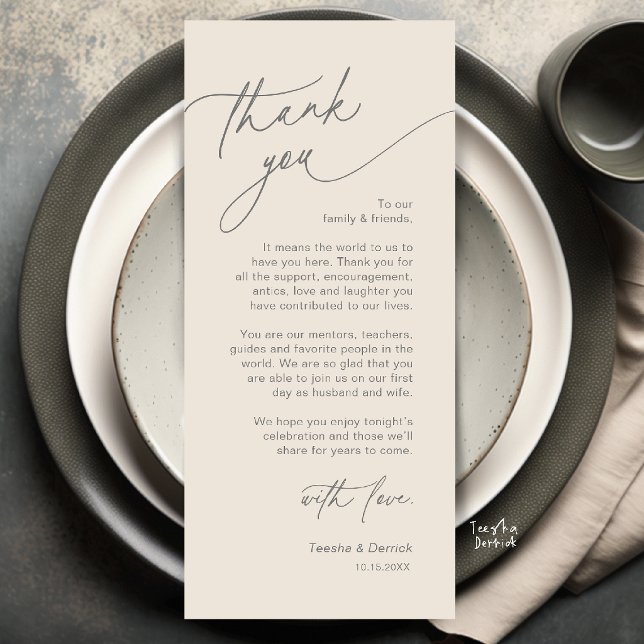 Tarjeta de agradecimiento para la elegante configu (Elegant Wedding Place Setting Thank You Card in Cream and Grey)