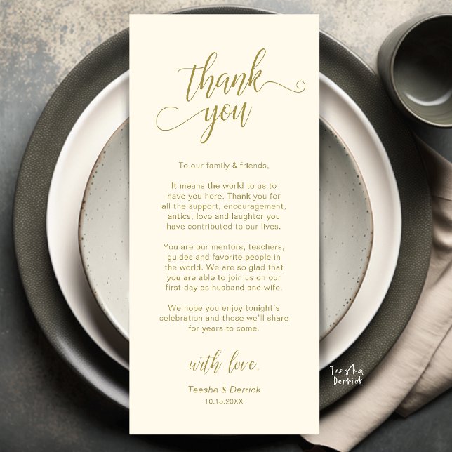 Tarjeta de agradecimiento para la elegante configu (Elegant Wedding Place Setting Thank You Card in yellow cream and gold)