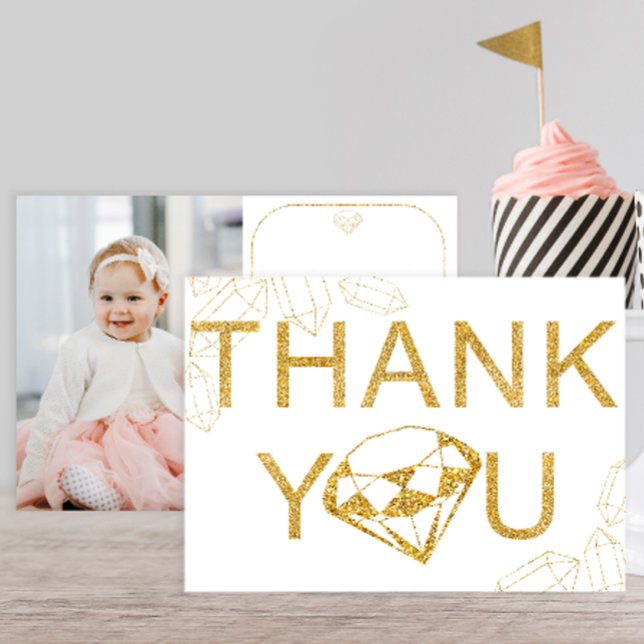 Tarjeta de agradecimiento para la fiesta de cumple (Gold diamond thank you card, Gem birthday party)