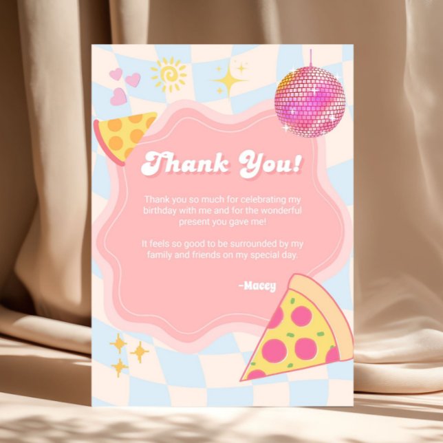 Tarjeta de agradecimiento para la fiesta de pizza  (pizza birthday thank you card, pizza party thank you card, retro birthday thank you card, groovy bir)