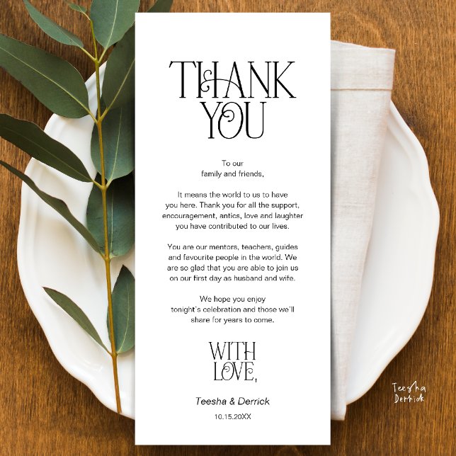 Tarjeta de agradecimiento para lugar de la boda en (Modern Minimalist Wedding Dinner Place Setting Thank You Black White Card)