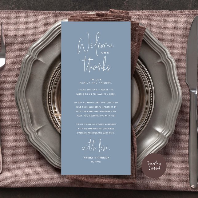 Tarjeta de agradecimiento para recepción de boda d (Welcome n Thanks Wedding Reception Dinner Brunch Lunch Thank You Card in Dusty Blue)