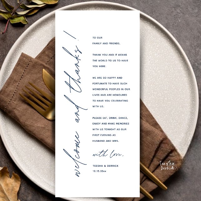 Tarjeta de agradecimiento para recepción de boda m (Modern Minimalist Wedding Reception Dinner Thank You Card in navy Blue)