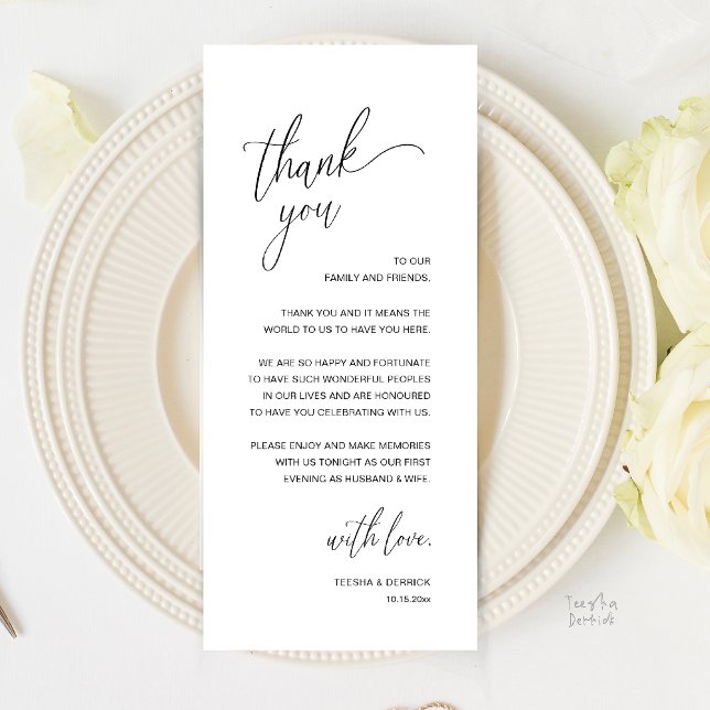 Tarjeta de agradecimiento para recepción de boda m (Modern Minimalist Wedding Reception Thank You Card in Classy Black and White)