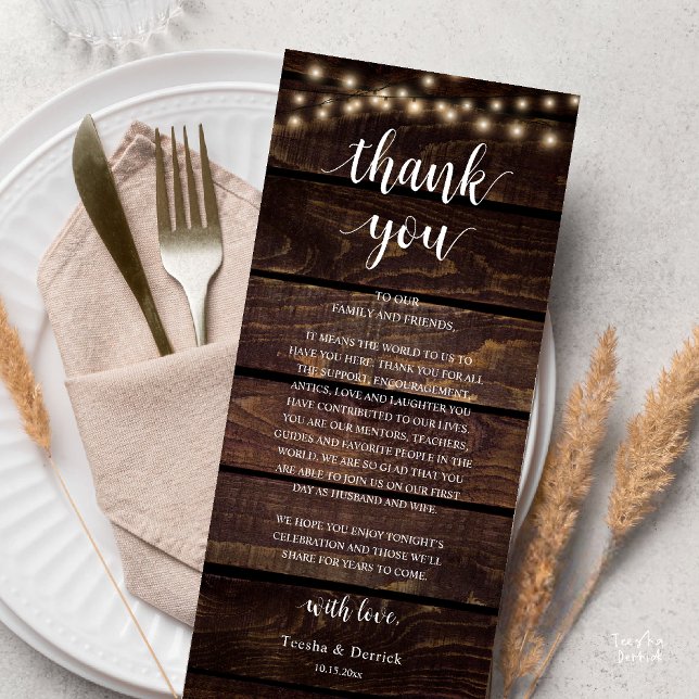 Tarjeta de agradecimiento para recepción de boda r (Modern Rustic Wedding Dinner Thank You Card Reception Reception String Lights Dark Brown Wood)