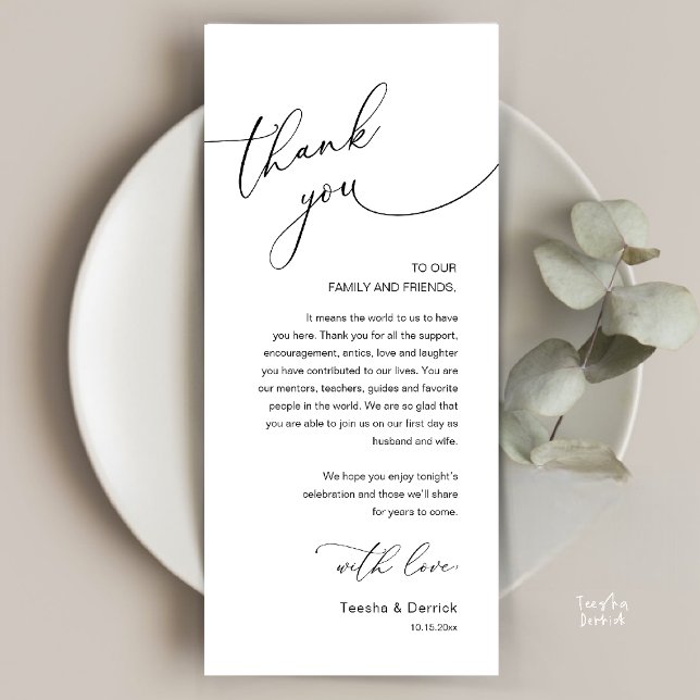 Tarjeta de agradecimiento para recepción de boda r (Modern Romantic Wedding Reception Thank You Card, plate decoration, in Black and White)