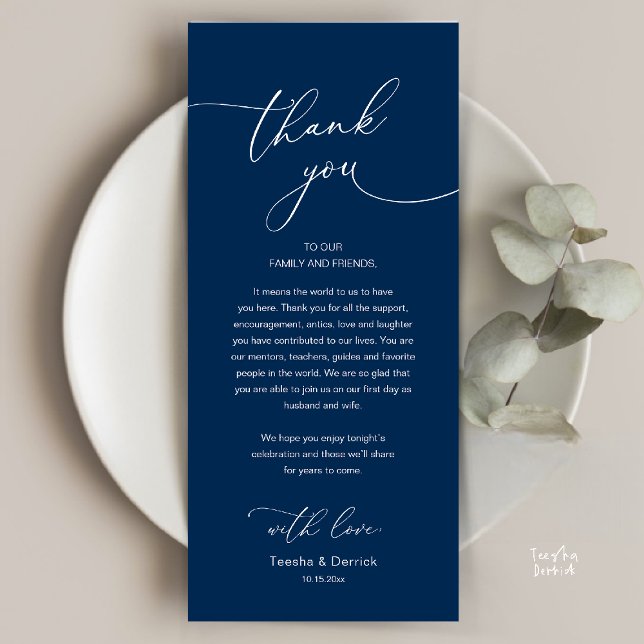 Tarjeta de agradecimiento para recepción de boda r (Modern Romantic Wedding Reception Thank You Card, plate decoration, in Classy Navy Blue)