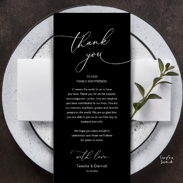 Tarjeta de agradecimiento para recepción de boda r (Modern Romantic Wedding Reception Thank You Card, plate decoration, in Classy Black White)