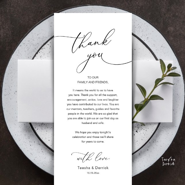 Tarjeta de agradecimiento para recepción de boda r (Modern Romantic Wedding Reception Thank You Card, plate decoration, in Black and White)
