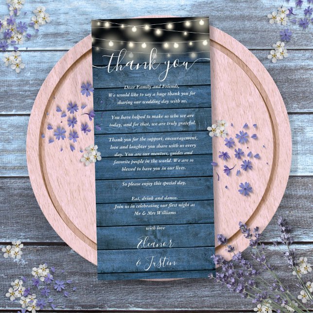 Tarjeta de agradecimiento para recepción de boda r (Blue Rustic Wedding Reception Thank You Place Card)