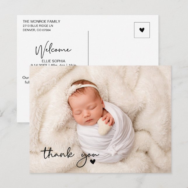 Tarjeta de agradecimiento para recién nacido con f (Anverso / Reverso)