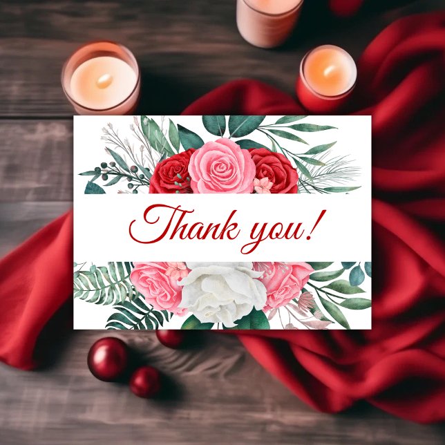 Tarjeta de agradecimiento para Red Rose Watercolor (Red Rose Watercolor Wedding Thank You Card)