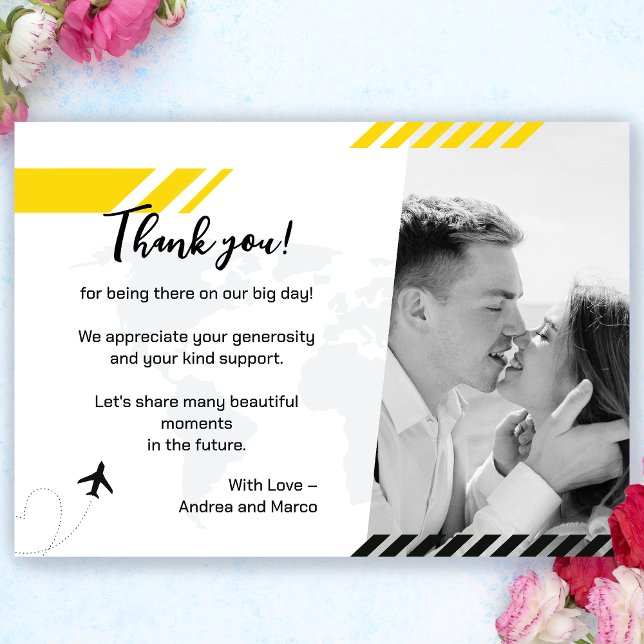 Tarjeta de agradecimiento para tarjeta de embarque (Sunny Yellow Boarding Pass Wedding Thank You Card)