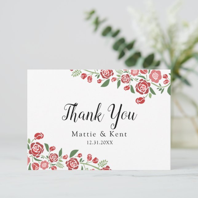 Tarjeta De Agradecimiento Pareja Boda floral elegante verde rojo (Anverso de pie)