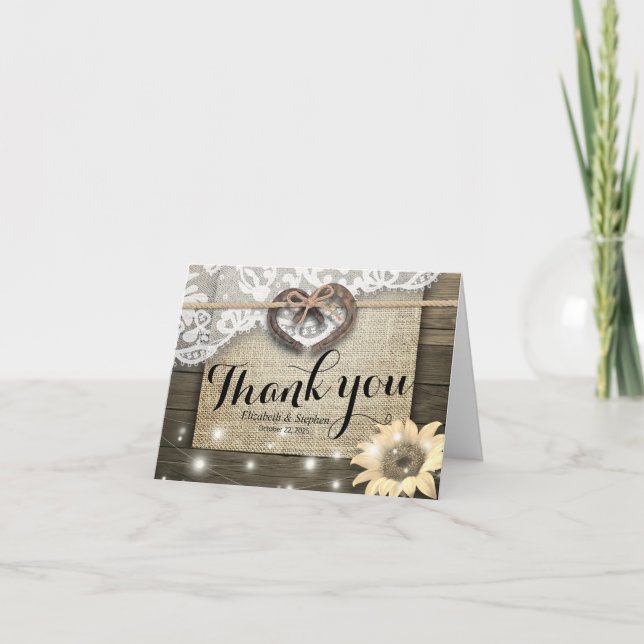 Tarjeta De Agradecimiento Pareja de herraduras Boda de madera de girasol Gra (Anverso)