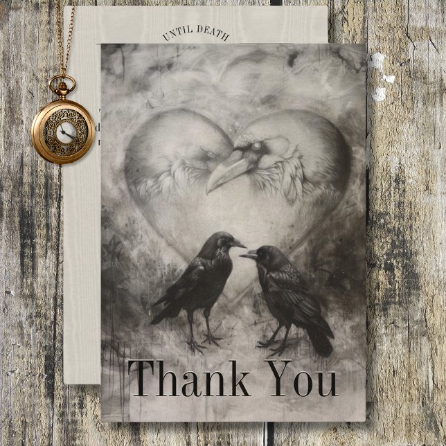 Tarjeta De Agradecimiento Pareja de novios cuervo negro gótico oscuro y bron (Dark Gothic Black & Tan Raven Couple Wedding Thank You Card)
