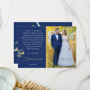Tarjeta De Agradecimiento Pareja Elegante Foto de Boda Personalizada Azul Ma