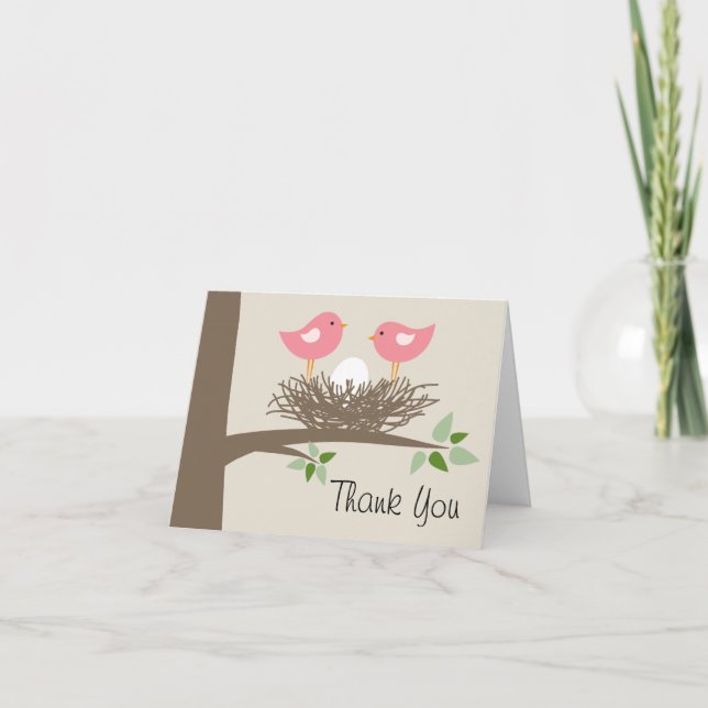 Tarjeta De Agradecimiento Pareja Nest de Pájaro Bebé Rosa | Gracias (Anverso)