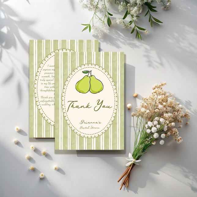Tarjeta De Agradecimiento Pareja perfecta de rayas verdes sage pera baby sho (Perfect pair sage green stripes vintage retro pear bridal shower thank you cards)