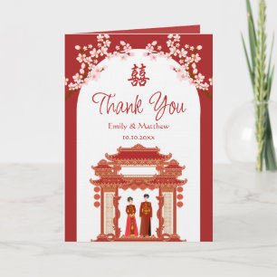 Tarjeta De Agradecimiento Pareja roja templo flor de cerezo boda china