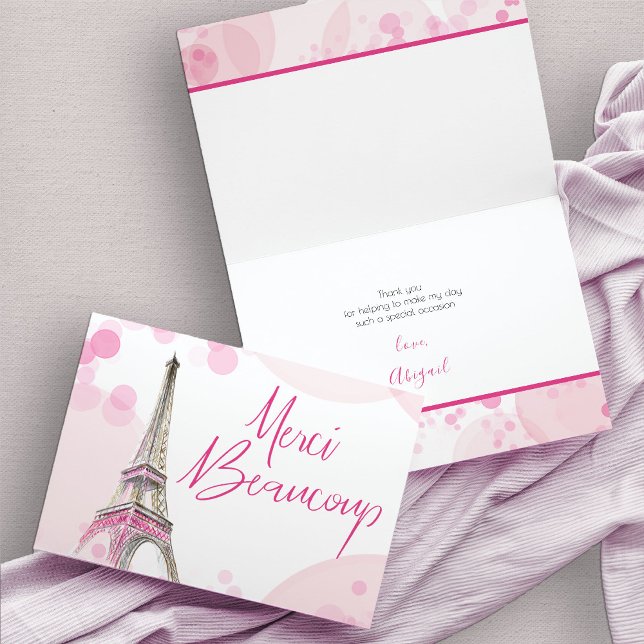 Tarjeta De Agradecimiento Paris Eiffel Tower MGracias Beaucoup Blanco Rosa (Merci Beaucoup French Eiffel Tower Thank You Card)