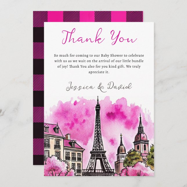 Tarjeta De Agradecimiento París Francés Bonjour Bebe Black Baby Shower rosa (Anverso / Reverso)
