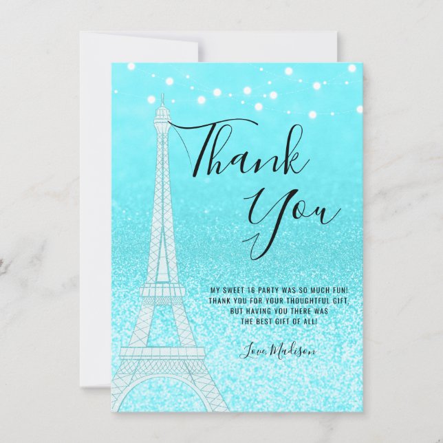 Tarjeta De Agradecimiento París Purpurina azul Verde azulado alumbra dulce 1 (Anverso)