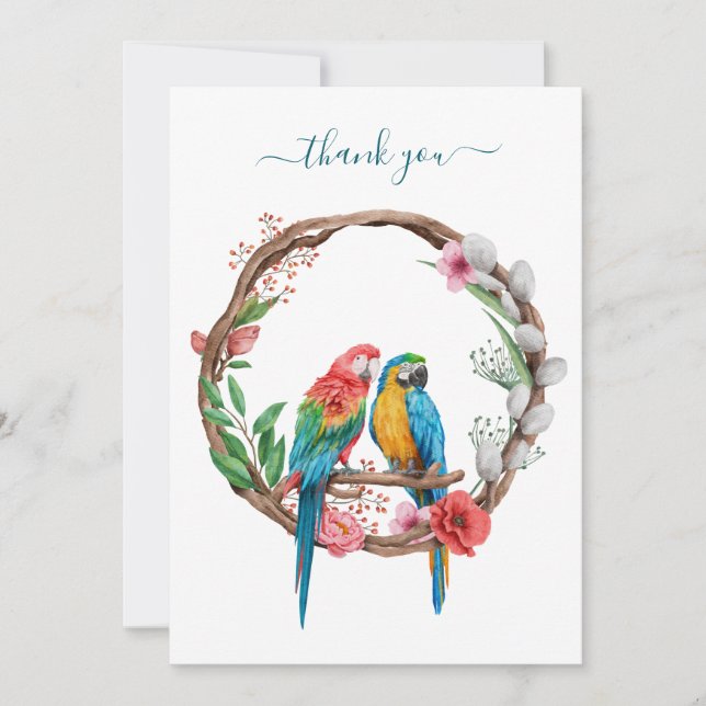 Tarjeta De Agradecimiento Parrots Macaw Birds Colorful Floral Gracias tarjet (Anverso)
